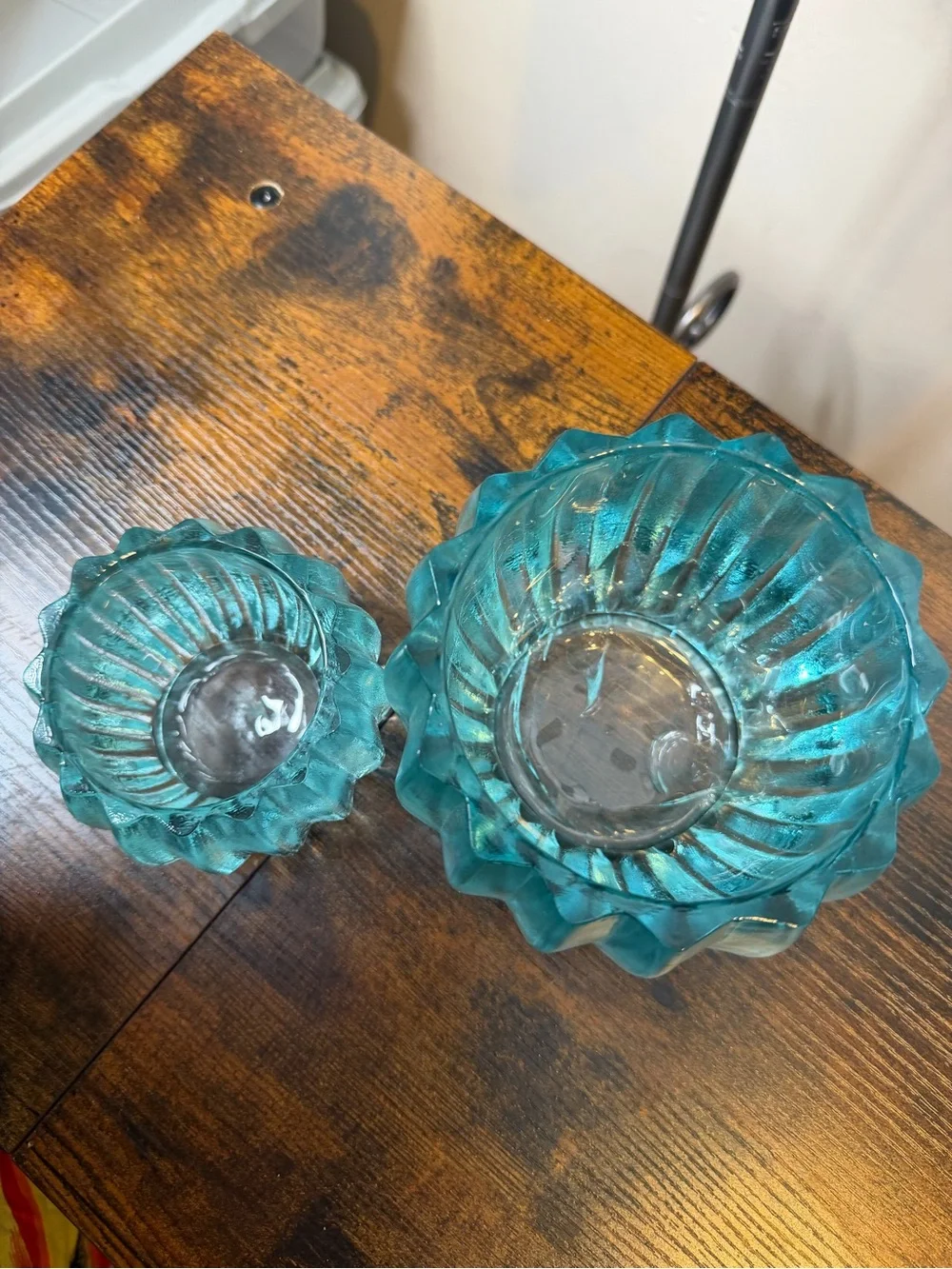 Vintage Turquoise Ribbed Glass Candle Holders - 2 sizes
